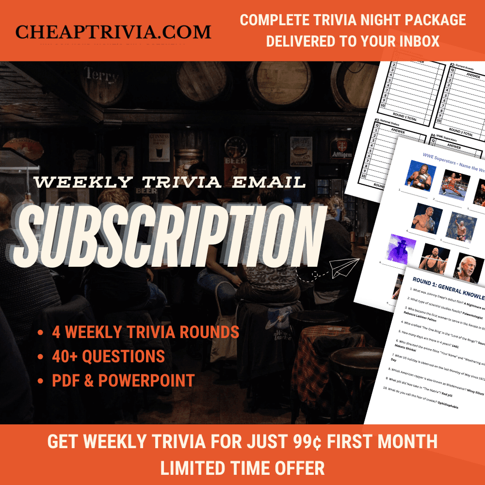 Get new trivia games every week with our weekly trivia subscription, featuring fresh, themed trivia packs on movies, holidays, pop culture, history, and more. Perfect for pub quizzes, bar trivia nights, and private events. Includes PDF & PowerPoint formats | Instant Download | Fun & Engaging Questions.